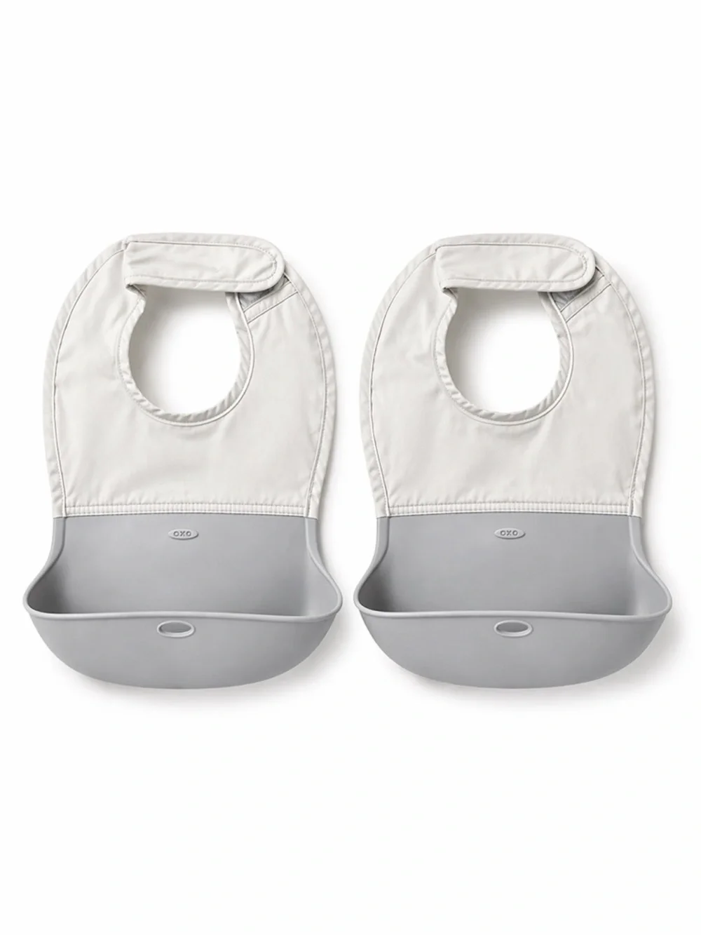 OXO Tot Roll-Up Bib Set (2) Grey Silicone Catcher Adjustable Travel Bibs